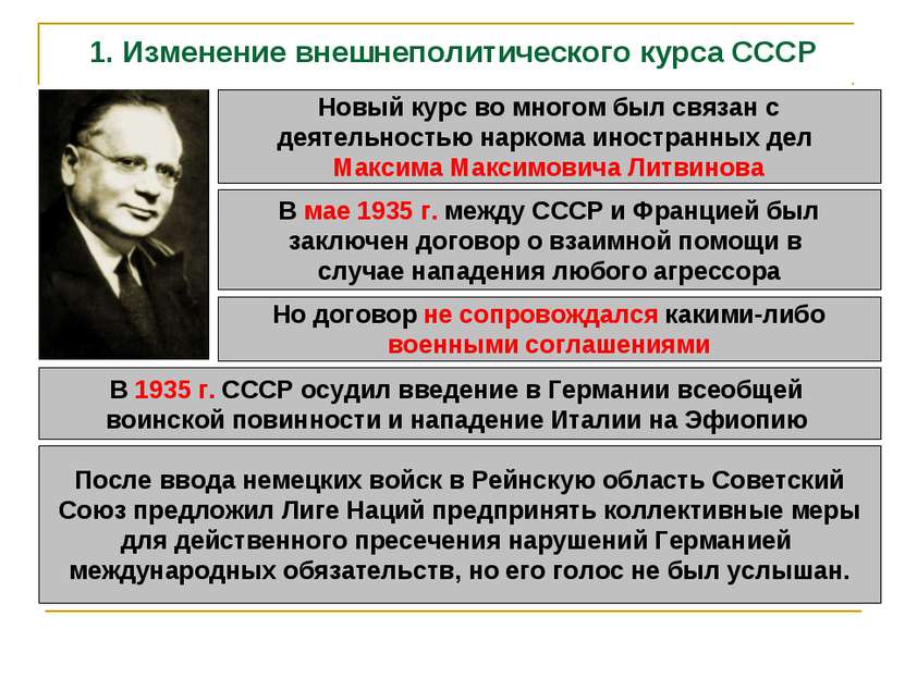 1. Изменение внешнеполитического курса СССР Новый курс во многом был связан с...