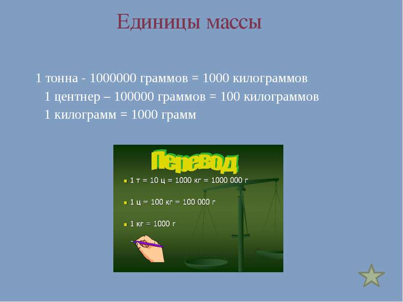 Единицы массы 1 тонна - 1000000 граммов = 1000 килограммов 1 центнер – 100000...