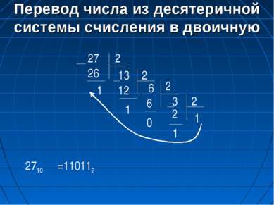 Перевод числа из десятеричной системы счисления в двоичную 27 2 13 26 1 2 6 1...