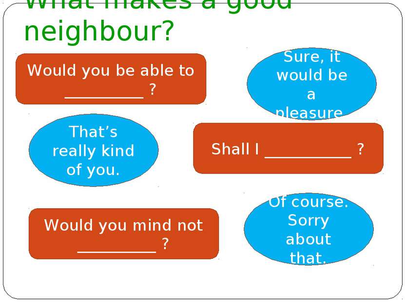 What makes a good neighbour? Would you be able to __________ ? Sure, it would...