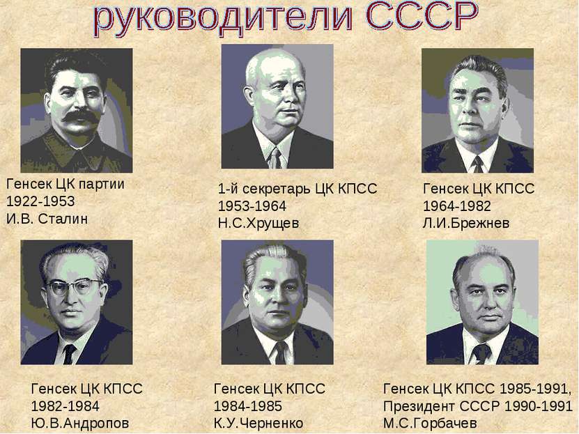 Генсек ЦК партии 1922-1953 И.В. Сталин 1-й секретарь ЦК КПСС 1953-1964 Н.С.Хр...