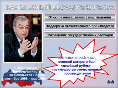Е.М.Примаков. Премьер-министр Правительства России в сентябре 1998 – мае 1999...