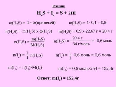 Решение H2S + I2 = S + 2HI n(I2) = 1 1 _ n(H2S) n(I2) = 1 1 _ 0,6 моль = 0,6 ...