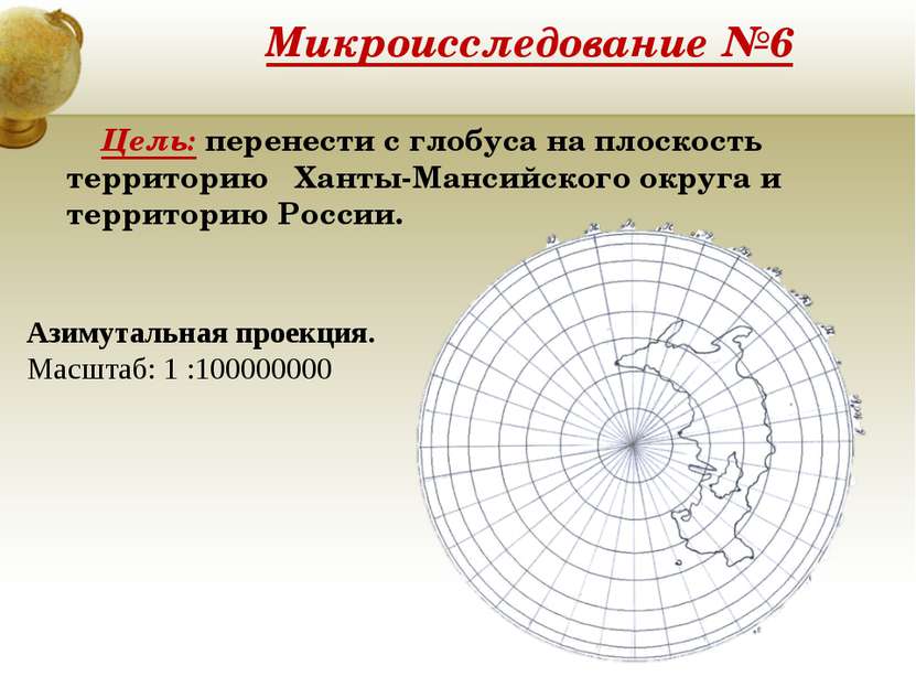 Микроисследование №6 Цель: перенести с глобуса на плоскость территорию Ханты-...