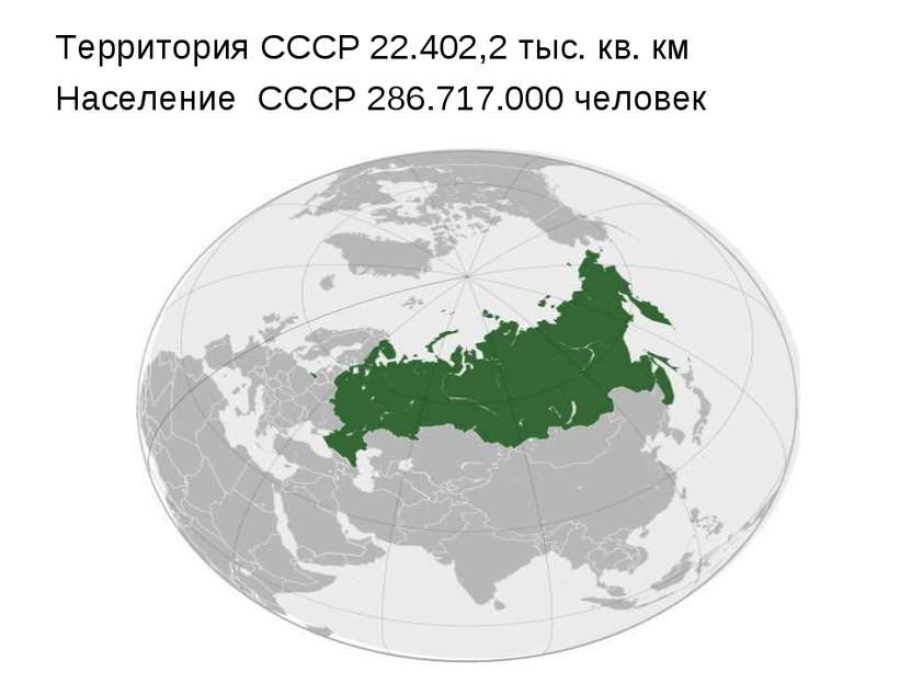 Территория СССР 22.402,2 тыс. кв. км Население СССР 286.717.000 человек