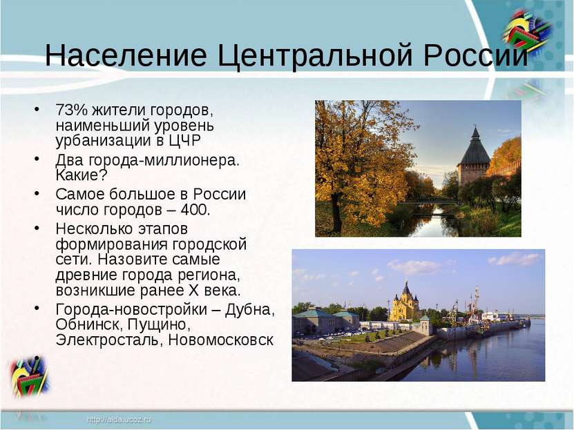 Население Центральной России 73% жители городов, наименьший уровень урбанизац...