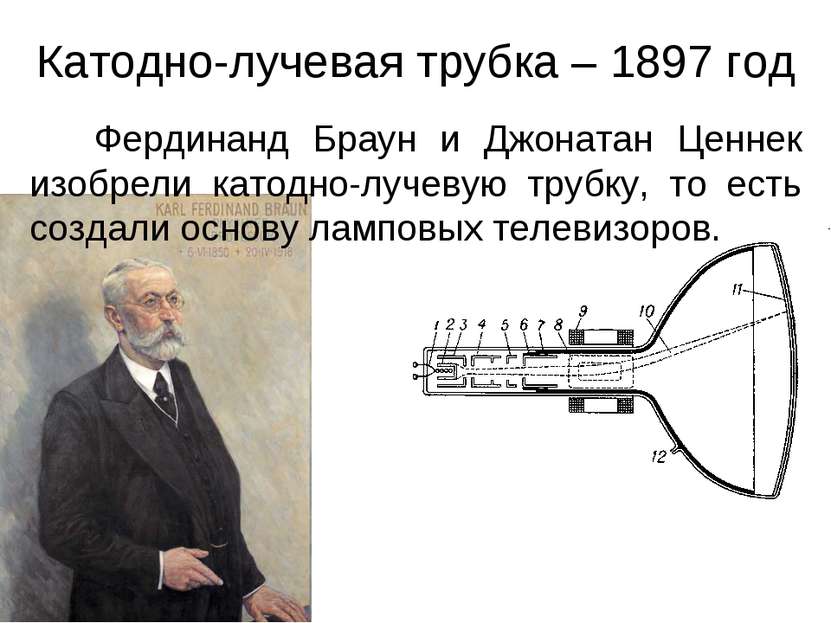 Катодно-лучевая трубка – 1897 год Фердинанд Браун и Джонатан Ценнек изобрели ...
