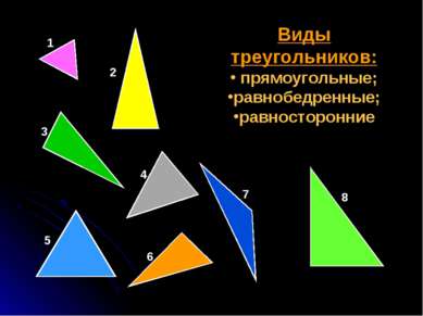Виды треугольников: прямоугольные; равнобедренные; равносторонние 1 2 3 4 5 7...
