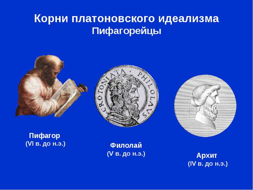 Корни платоновского идеализма Пифагорейцы Пифагор (VI в. до н.э.) Архит (IV в...