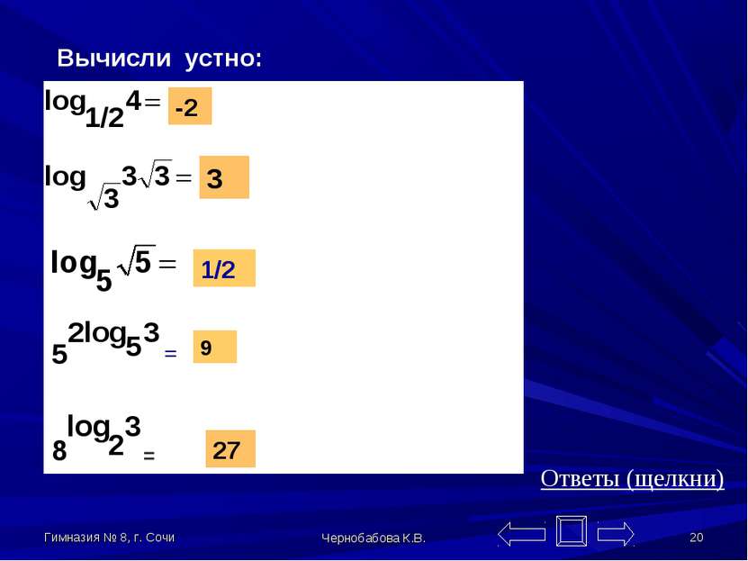 Гимназия № 8, г. Сочи Чернобабова К.В. * Вычисли устно: -2 3 1/2 9 27 = = Отв...