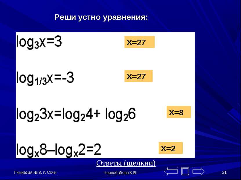 Гимназия № 8, г. Сочи Чернобабова К.В. * Реши устно уравнения: X=27 X=27 X=27...