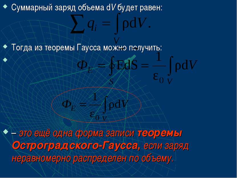 Суммарный заряд объема dV будет равен: Тогда из теоремы Гаусса можно получить...