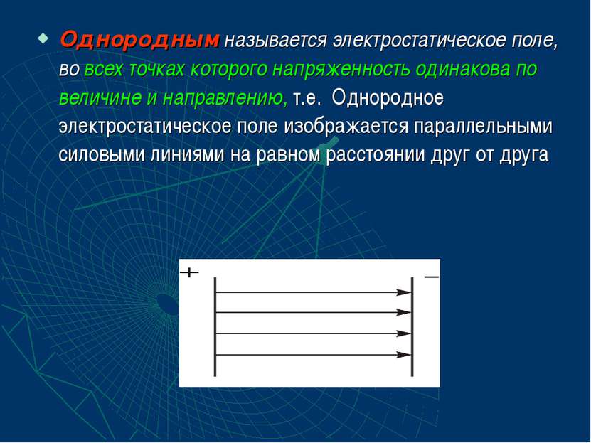 Однородным называется электростатическое поле, во всех точках которого напряж...