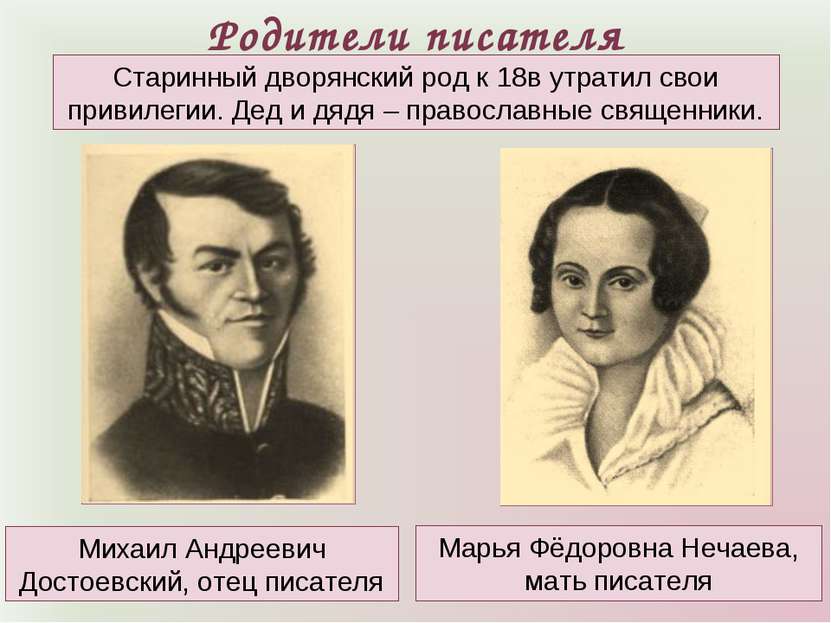 Родители писателя Марья Фёдоровна Нечаева, мать писателя Михаил Андреевич Дос...