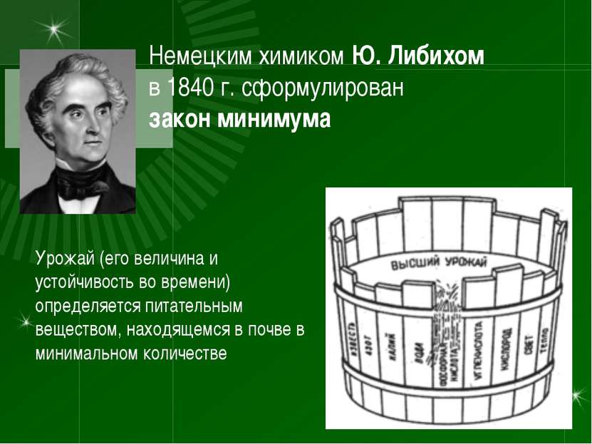 Немецким химиком Ю. Либихом в 1840 г. сформулирован закон минимума Урожай (ег...