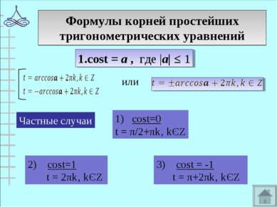 Формулы корней простейших тригонометрических уравнений 1.cost = а , где |а| ≤...