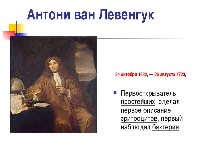 Антони ван Левенгук 24 октября 1632, — 26 августа 1723, Первооткрыватель прос...