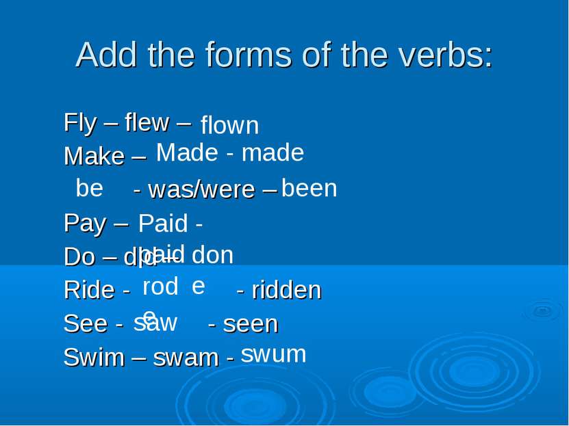 Add the forms of the verbs: Fly – flew – Make – - was/were – Pay – Do – did –...