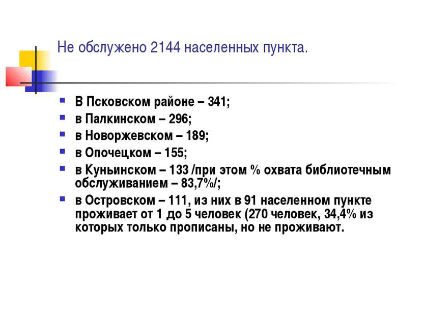 Не обслужено 2144 населенных пункта. В Псковском районе – 341; в Палкинском –...