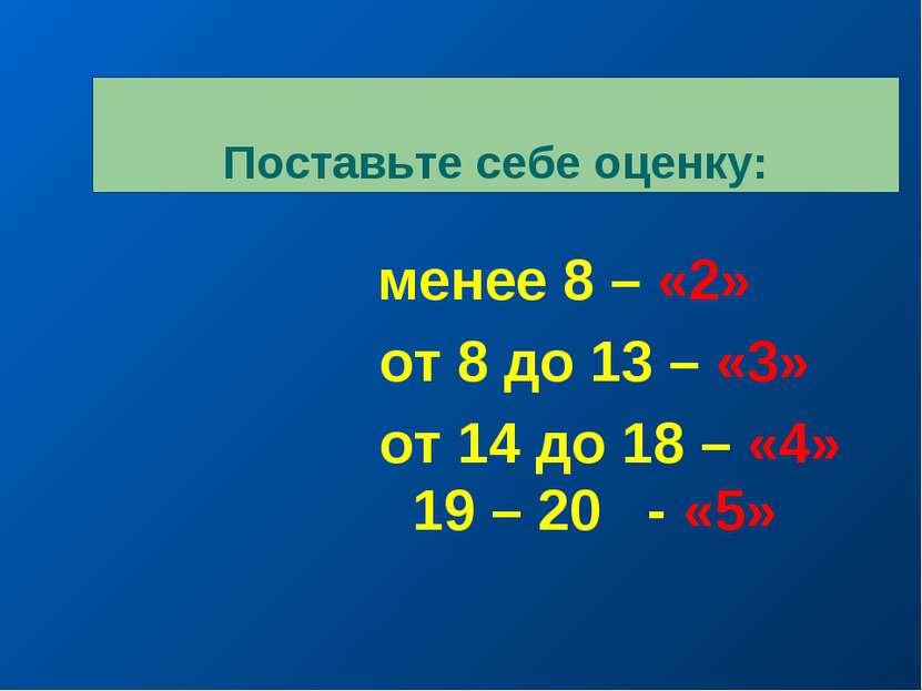 Поставьте себе оценку: менее 8 – «2» от 8 до 13 – «3» от 14 до 18 – «4» 19 – ...