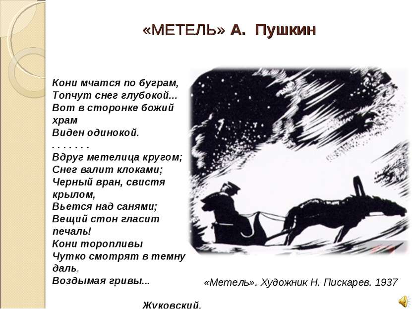 «МЕТЕЛЬ» А.  Пушкин  Кони мчатся по буграм, Топчут снег глубокой...  Вот в ст...