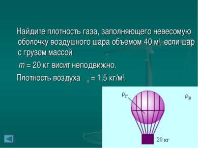 Найдите плотность газа, заполняющего невесомую оболочку воздушного шара объем...