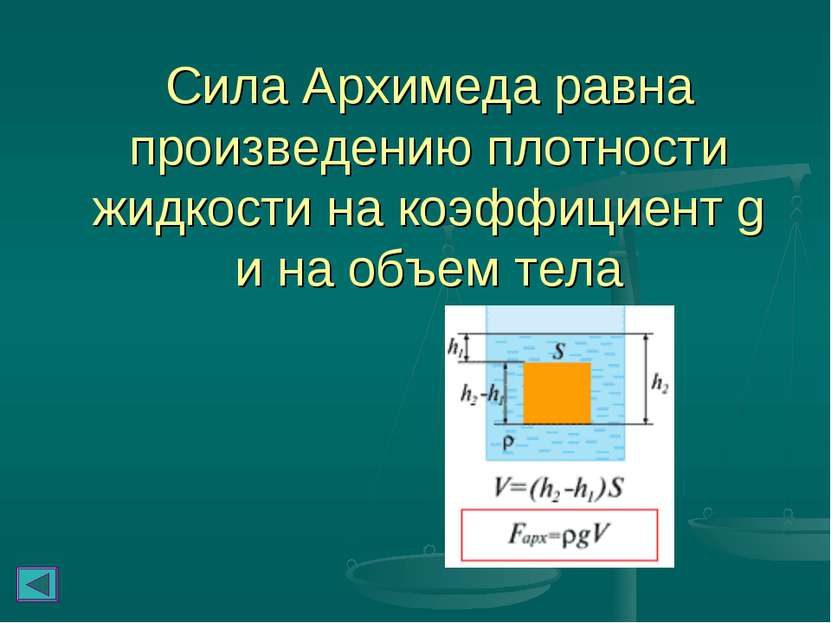 Сила Архимеда равна произведению плотности жидкости на коэффициент g и на объ...
