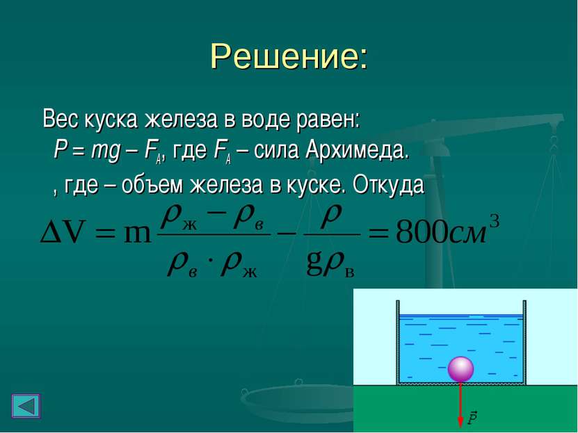 Решение: Вес куска железа в воде равен: P = mg – FA, где FA – сила Архимеда. ...