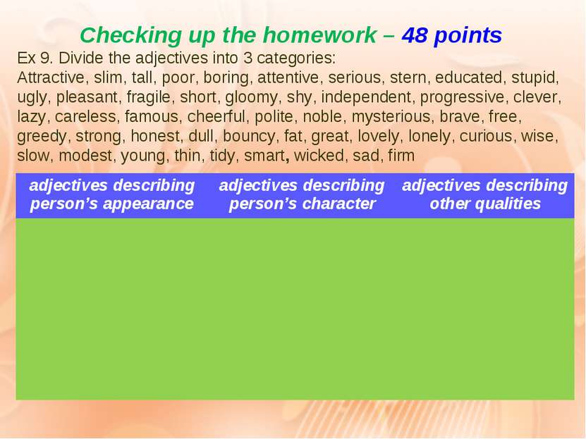Checking up the homework – 48 points Ex 9. Divide the adjectives into 3 categ...