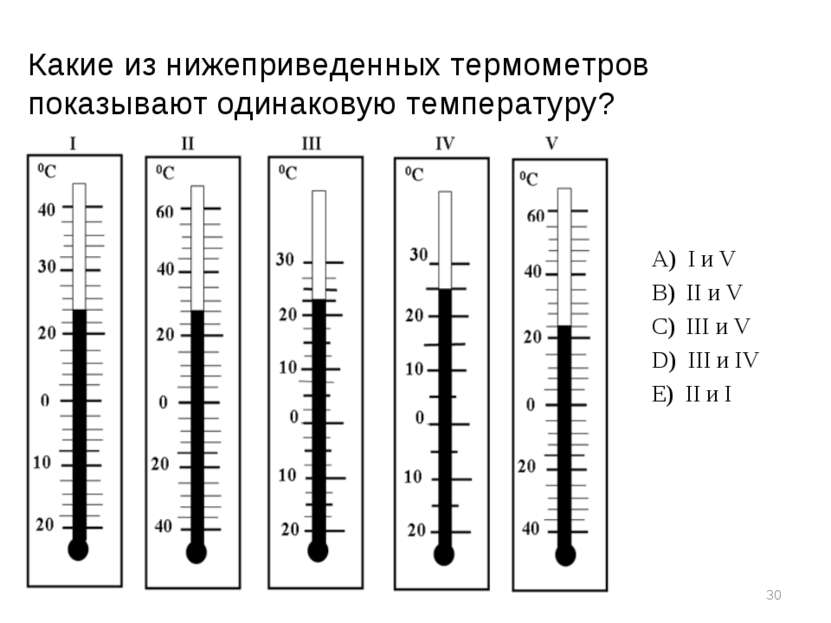 * Какие из нижеприведенных термометров показывают одинаковую температуру? А) ...