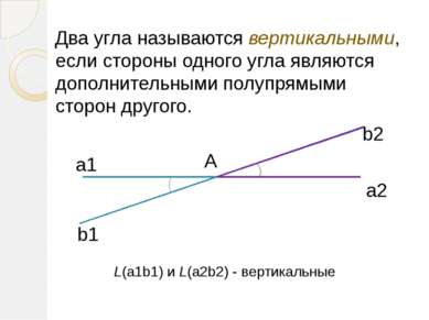 Два угла называются вертикальными, если стороны одного угла являются дополнит...