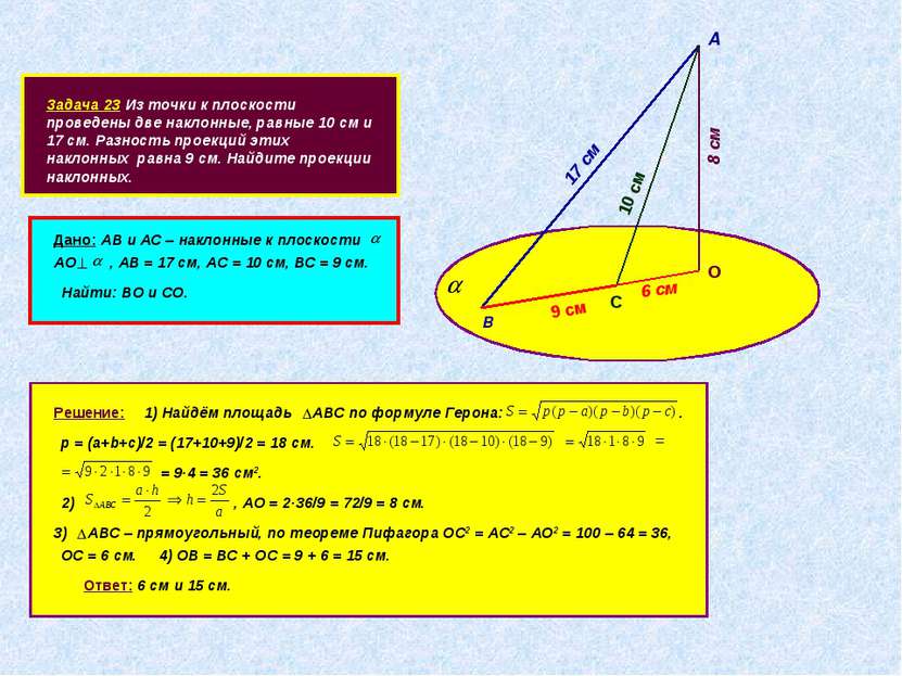 Задача 23 Из точки к плоскости проведены две наклонные, равные 10 см и 17 см....