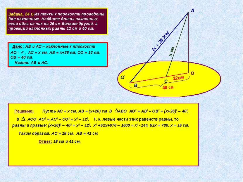 Задача 24 1) Из точки к плоскости проведены две наклонные. Найдите длины накл...