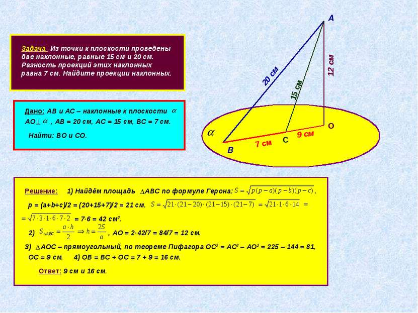 Задача Из точки к плоскости проведены две наклонные, равные 15 см и 20 см. Ра...