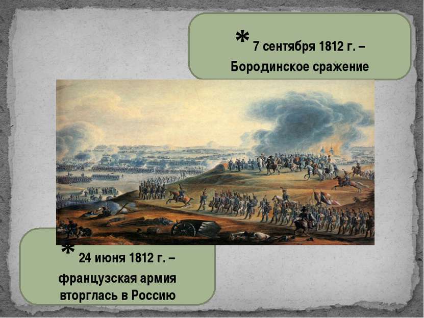 * 24 июня 1812 г. – французская армия вторглась в Россию * 7 сентября 1812 г....