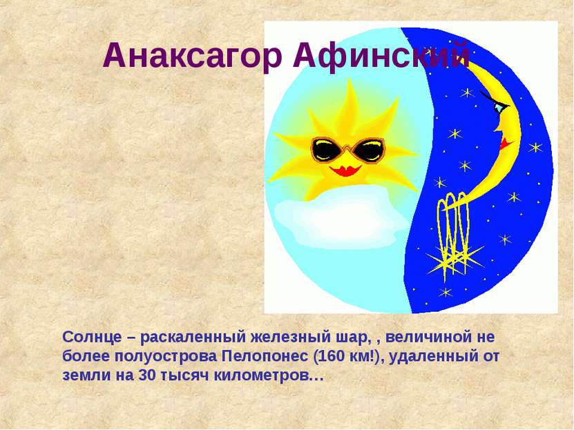 Анаксагор Афинский Солнце – раскаленный железный шар, , величиной не более по...