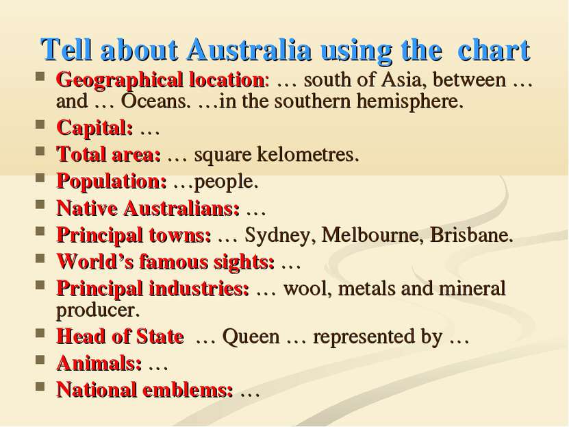 Tell about Australia using the chart Geographical location: … south of Asia, ...