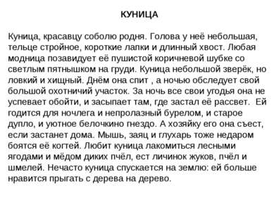 КУНИЦА Куница, красавцу соболю родня. Голова у неё небольшая, тельце стройное...