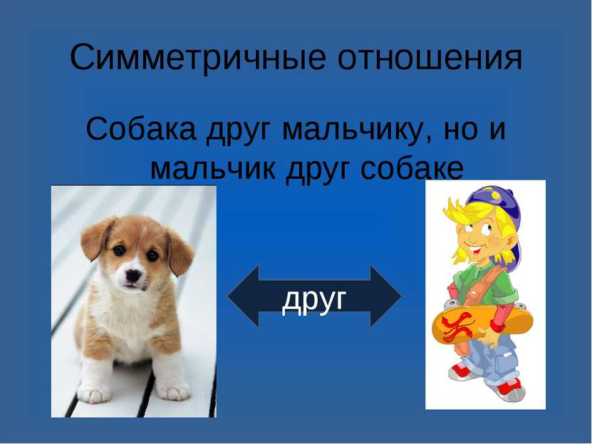 Симметричные отношения Собака друг мальчику, но и мальчик друг собаке друг