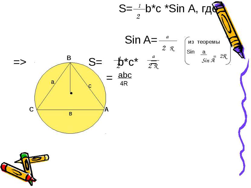 S= b*с *Sin А, где Sin A= из теоремы Sin a => S= b*с* = = А в а с С В 2 1 a 2...