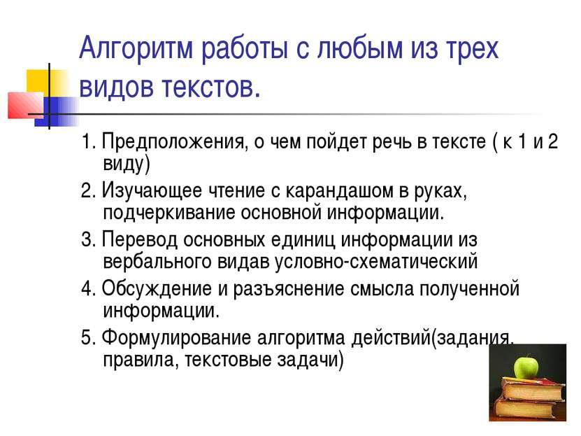 Алгоритм работы с любым из трех видов текстов. 1. Предположения, о чем пойдет...