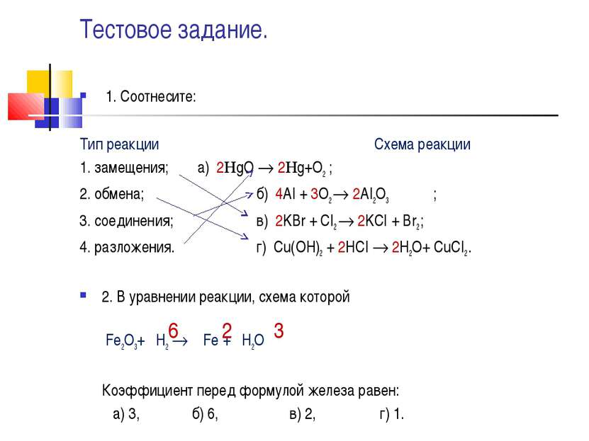 Тестовое задание. 1. Соотнесите: Тип реакции Схема реакции 1. замещения; а) 2...