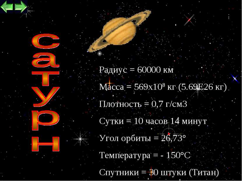 * Радиус = 60000 км Масса = 569х108 кг (5.69Е26 кг) Плотность = 0,7 г/см3 Сут...
