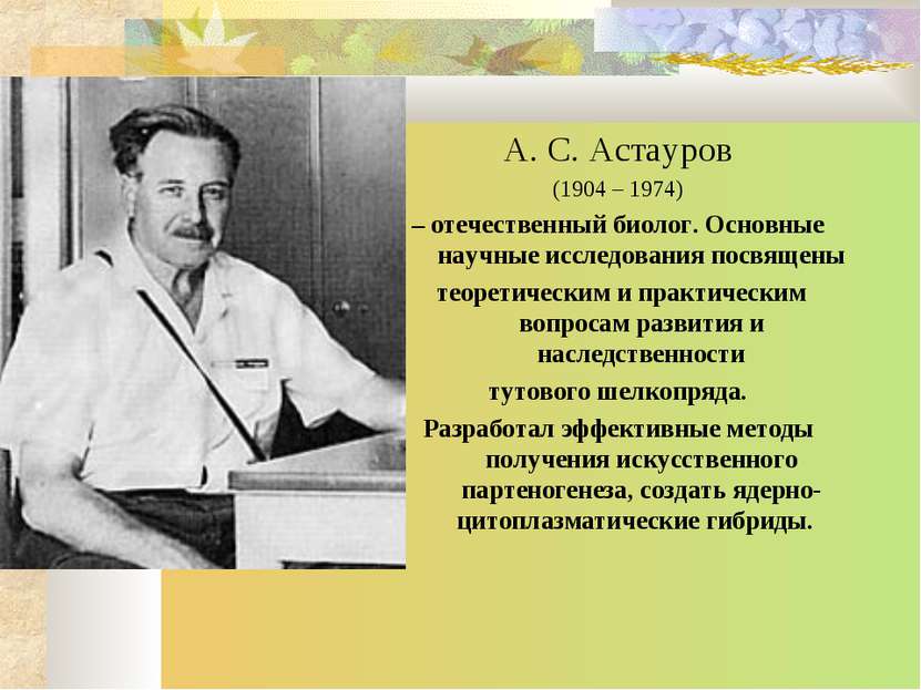 А. С. Астауров (1904 – 1974) – отечественный биолог. Основные научные исследо...