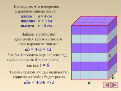 a b c Вы видите, что измерения параллелепипеда равны: длина a = 4 см ширина b...