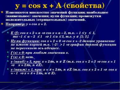 y = cos x + A (свойства) Изменяются множество значений функции; наибольшее (н...