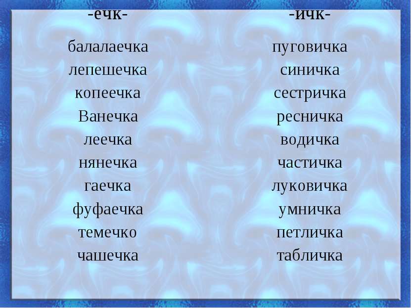 -ечк- -ичк- балалаечка лепешечка копеечка Ванечка леечка нянечка гаечка фуфае...