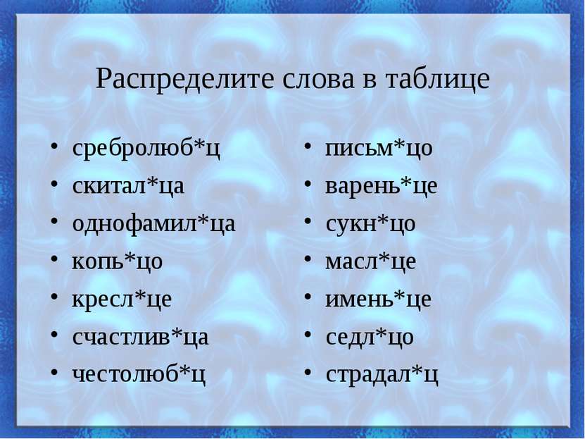 Распределите слова в таблице сребролюб*ц скитал*ца однофамил*ца копь*цо кресл...