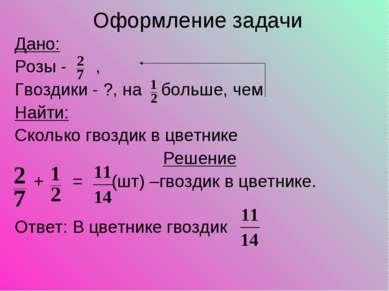 Оформление задачи Дано: Розы - , Гвоздики - ?, на больше, чем Найти: Сколько ...