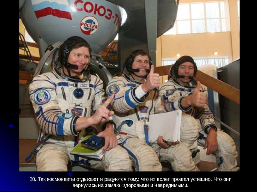 28. Так космонавты отдыхают и радуются тому, что их полет прошел успешно. Что...